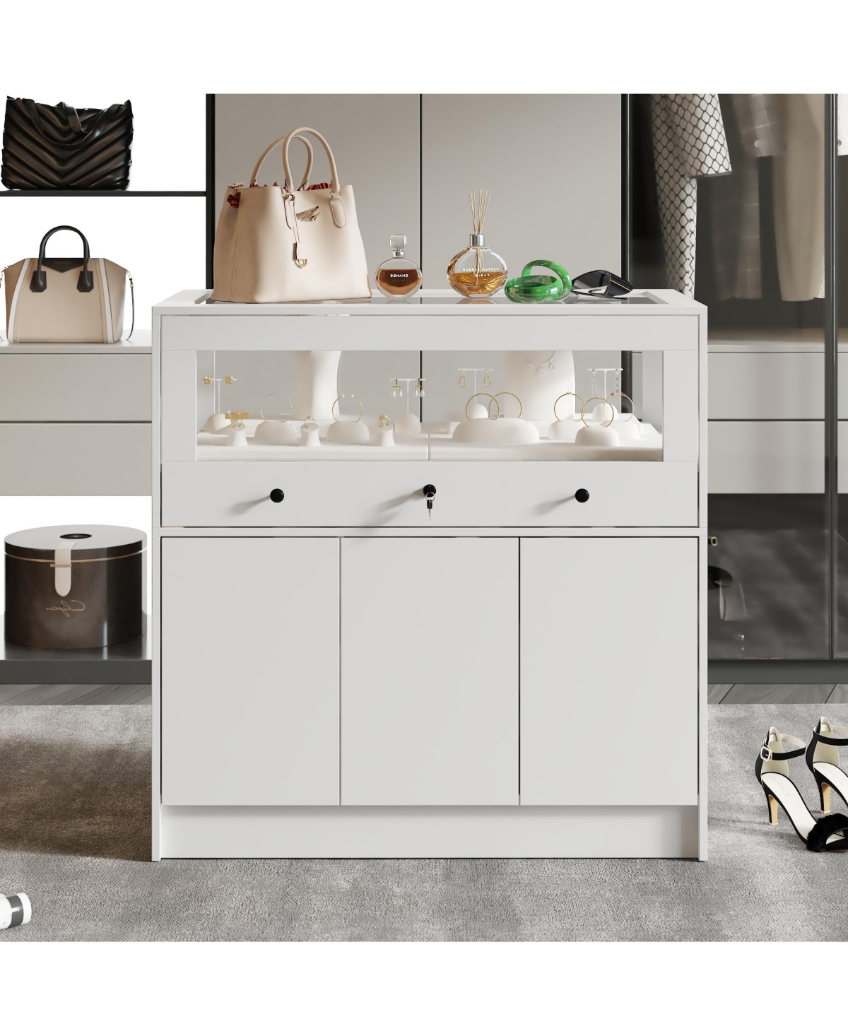 Homsee Storage/Display Cabinet with Glass Top , Bedroom Dresser Armoire Island