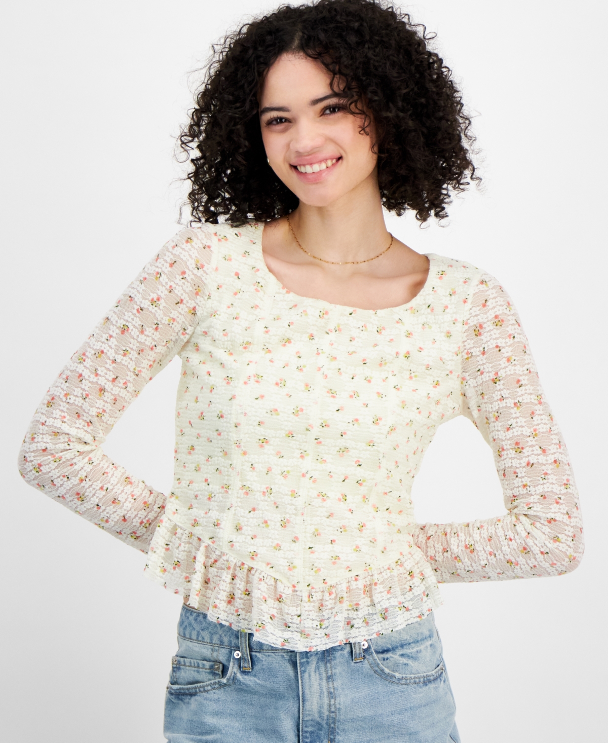 Juniors' Lace Peplum Top - Egret