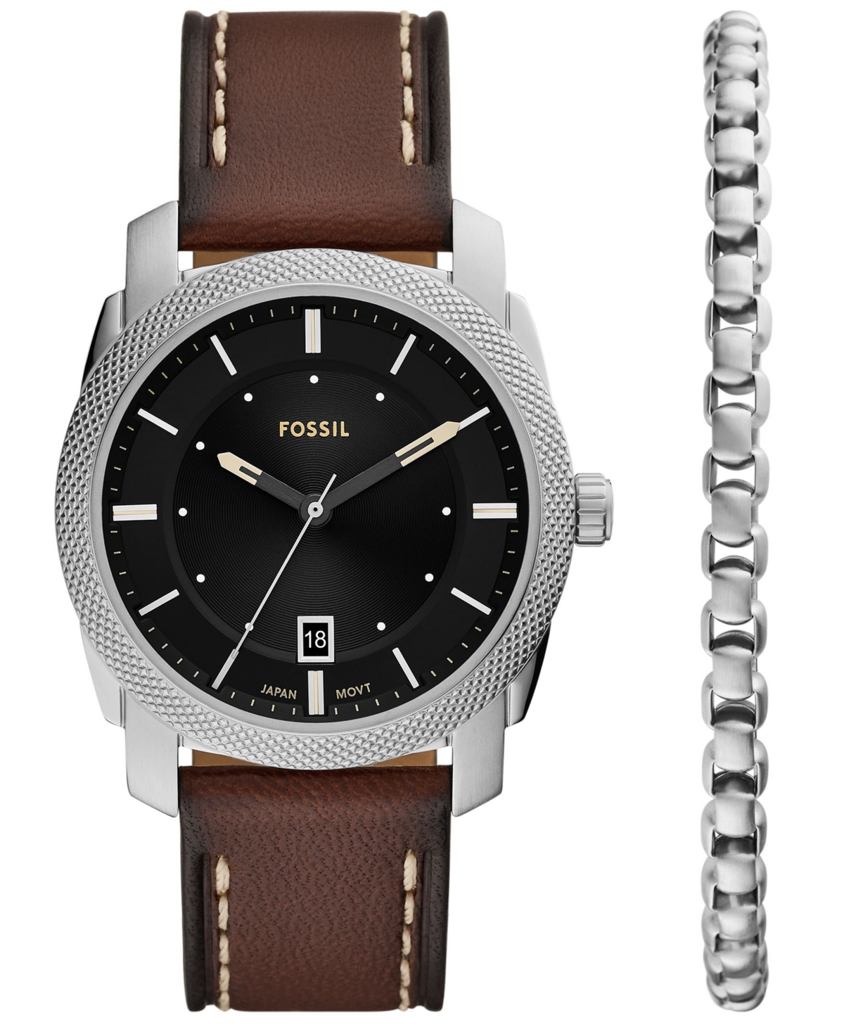 Men's Machine Three-Hand Date Brown Leather Watch and Bracelet Set, 42mm - Brown