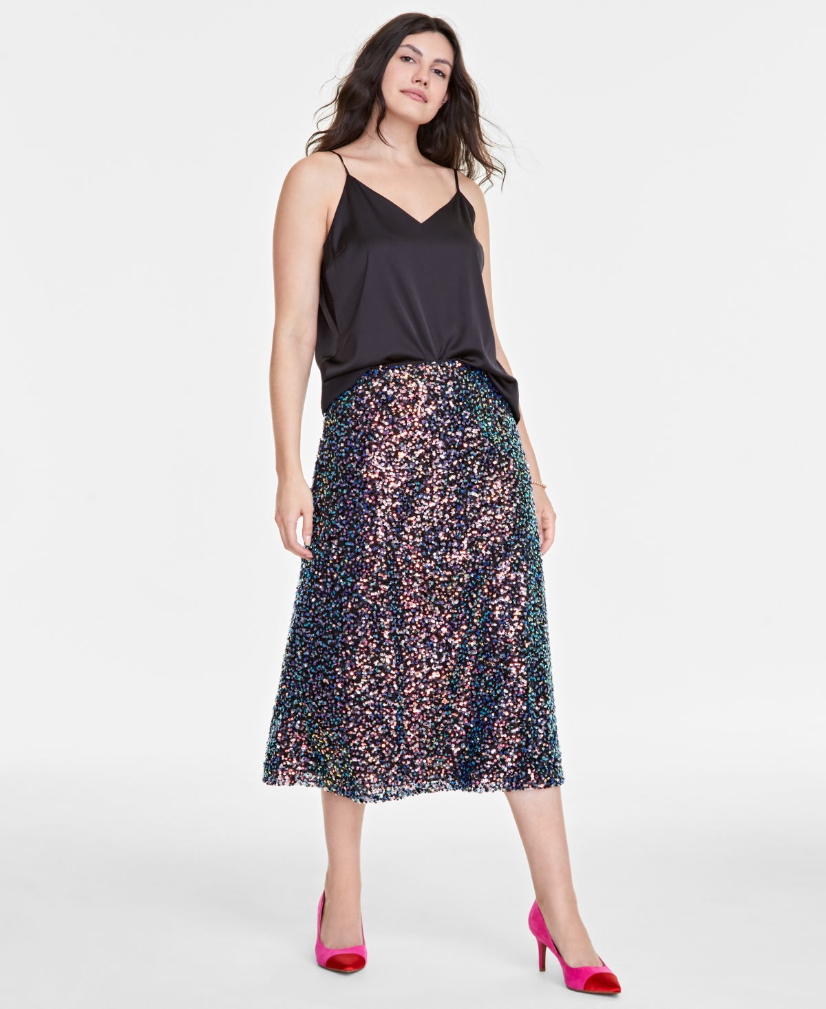 Women's Multi Sequin Midi Skirt, Created for Macy's - Deep Black