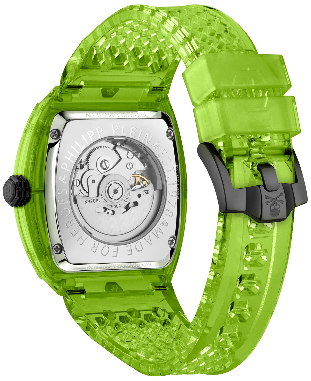 Philipp Plein Men's Automatic Skeleton Green Tpu Strap Watch 44x56mm In Green