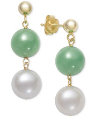 Dyed Green Jade & Freshwater Pearl (7-1/2mm) Double Drop Earrings in 10k Gold