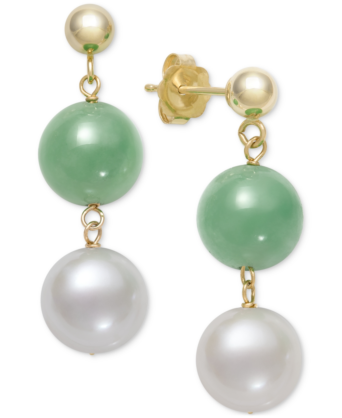 Macy's Dyed Green Jade & Freshwater Pearl (7-1/2mm) Double Drop Earrings In 10k Gold In Yellow Gold