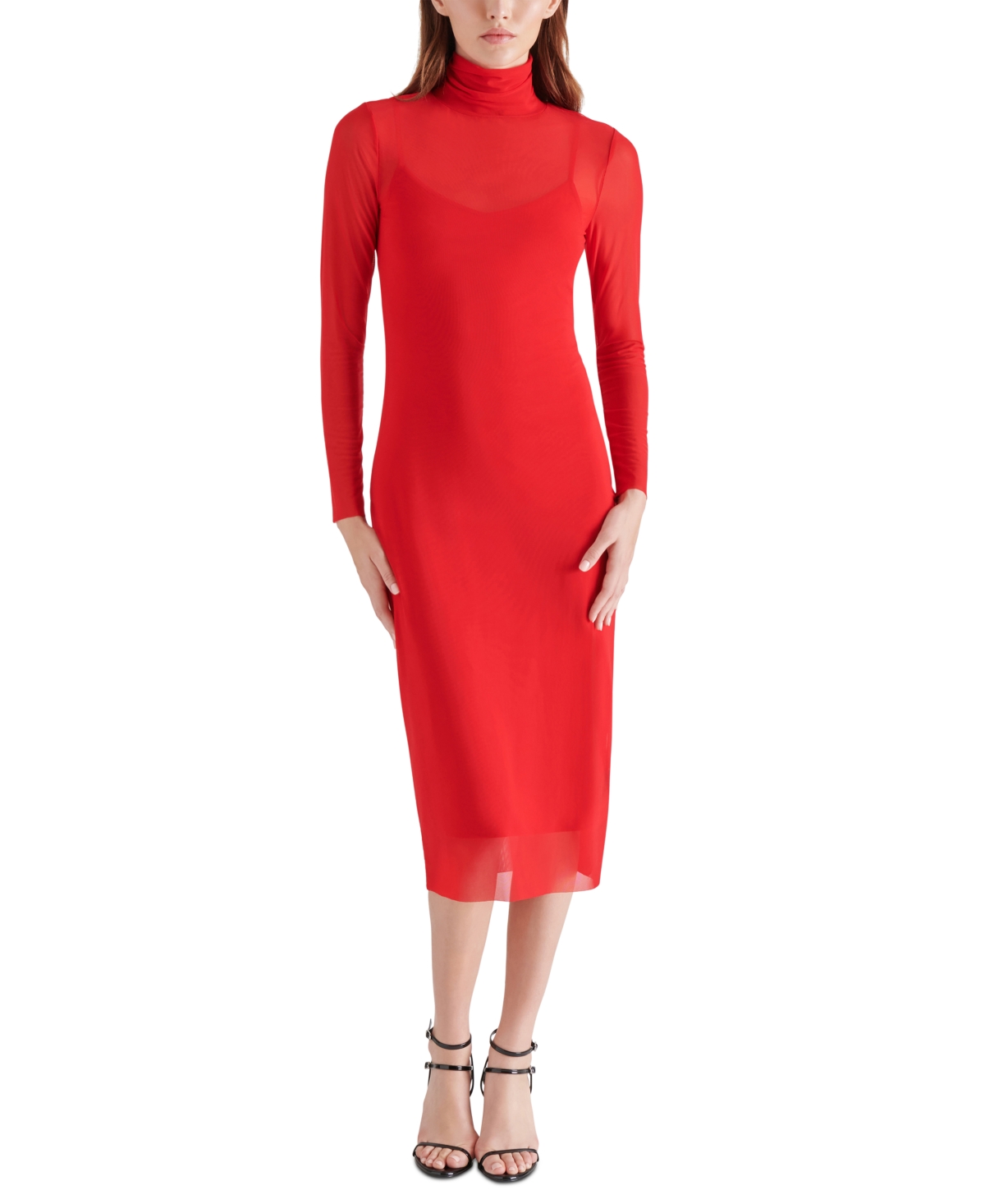 Steve Madden Vivienne Long Sleeve Mesh Midi Dress In Red