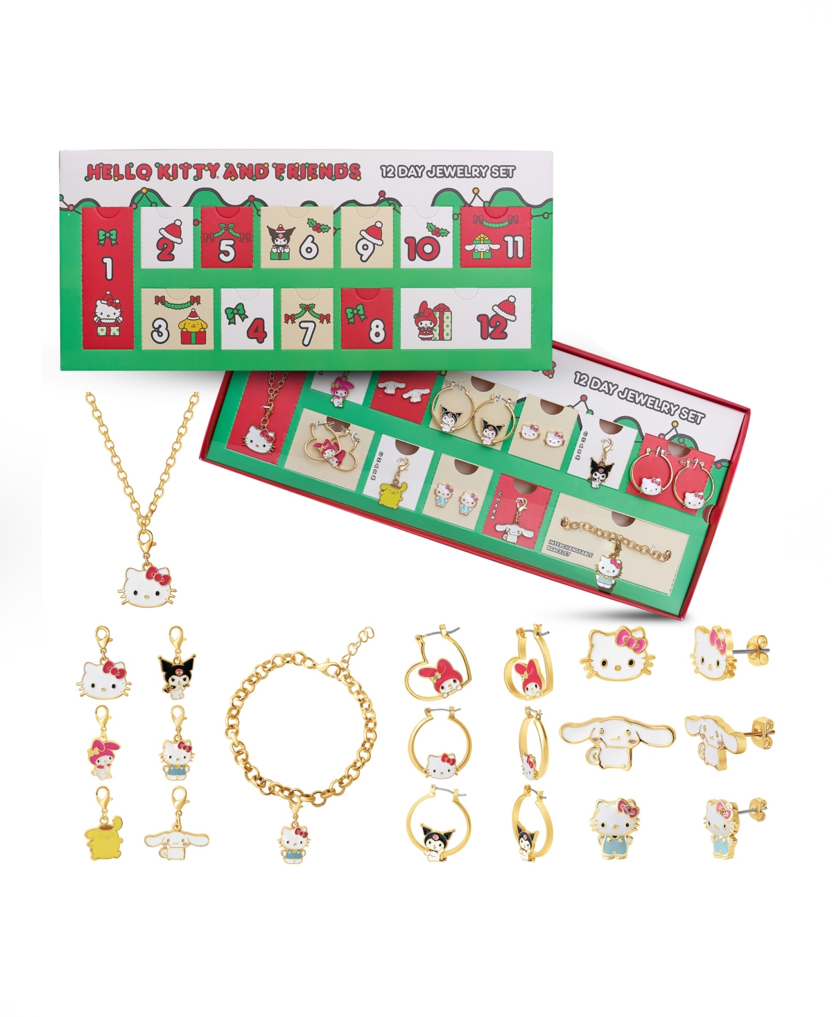 Sanrio Jewelry Advent Gift Set: Earrings, Necklace, Bracelet & Charms Mix & Match Christmas Calendar Box Collection - Gold tone, pink, bla