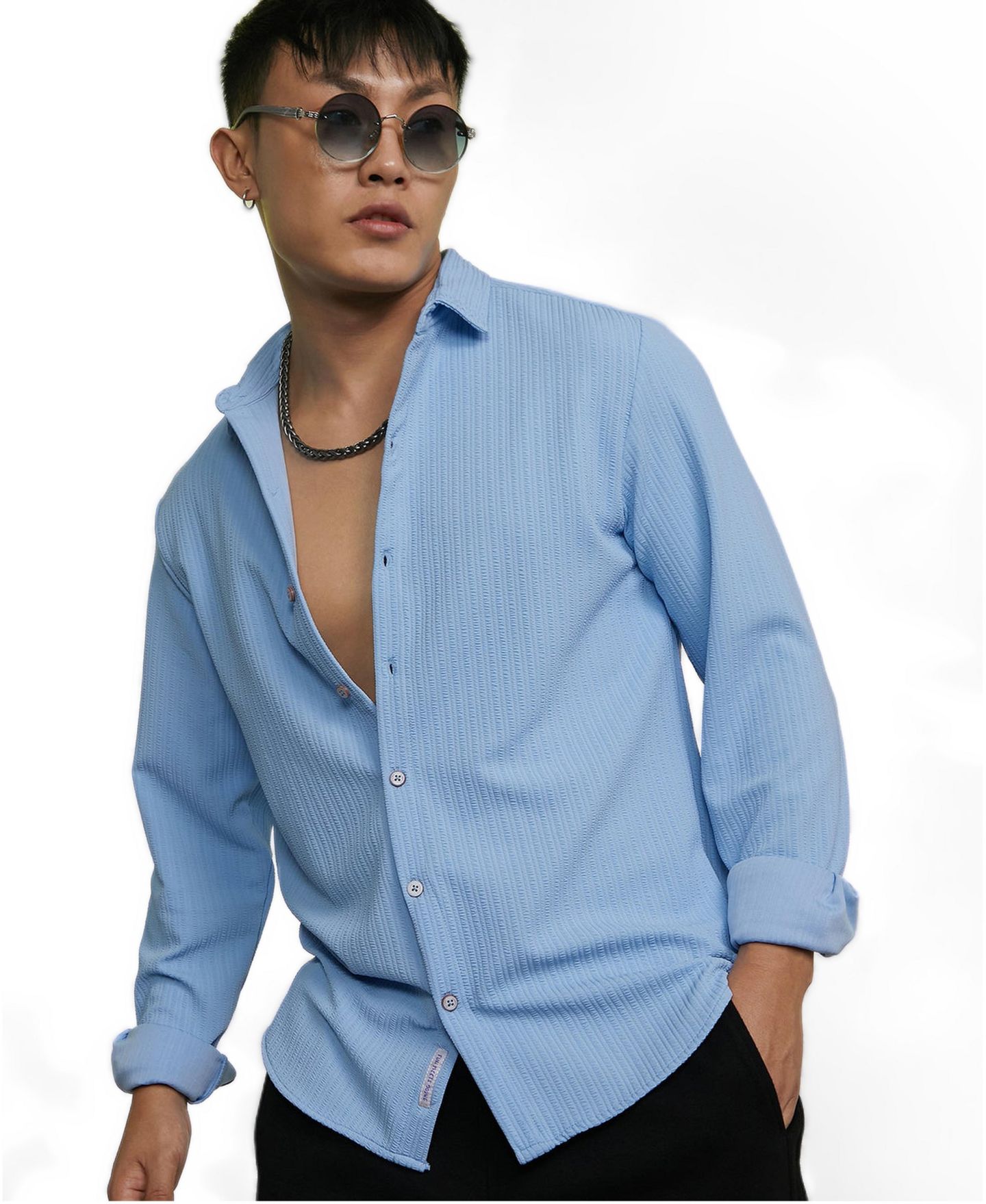 Мужская рубашка Cahoot Campus Sutra Baby Blue Stripe-Creased, цвет: Синий — фото 4