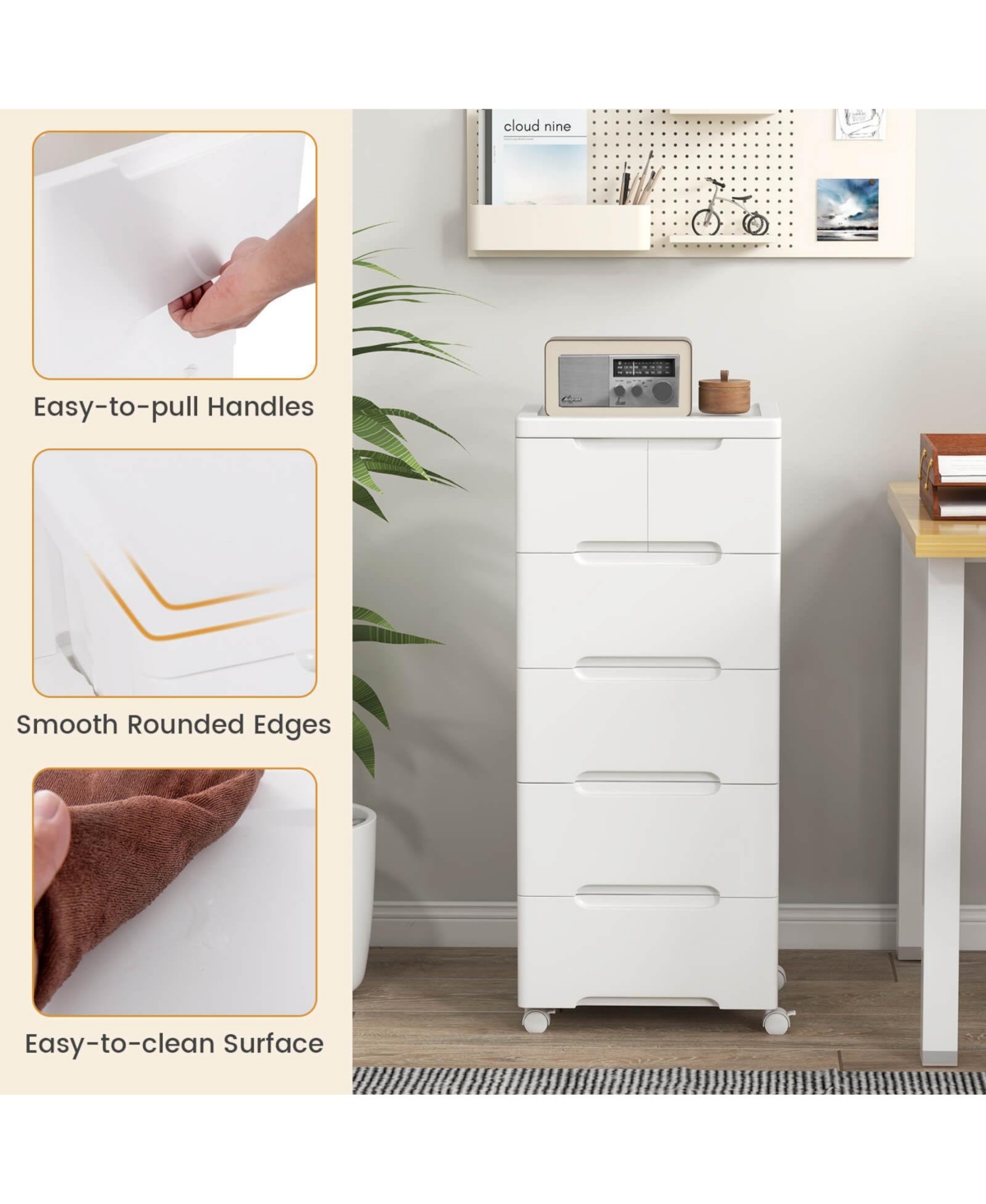 Costway Pcs 6-Drawer Plastic Rolling Storage Cart with 4 Universal Wheels Dresser Cabinet