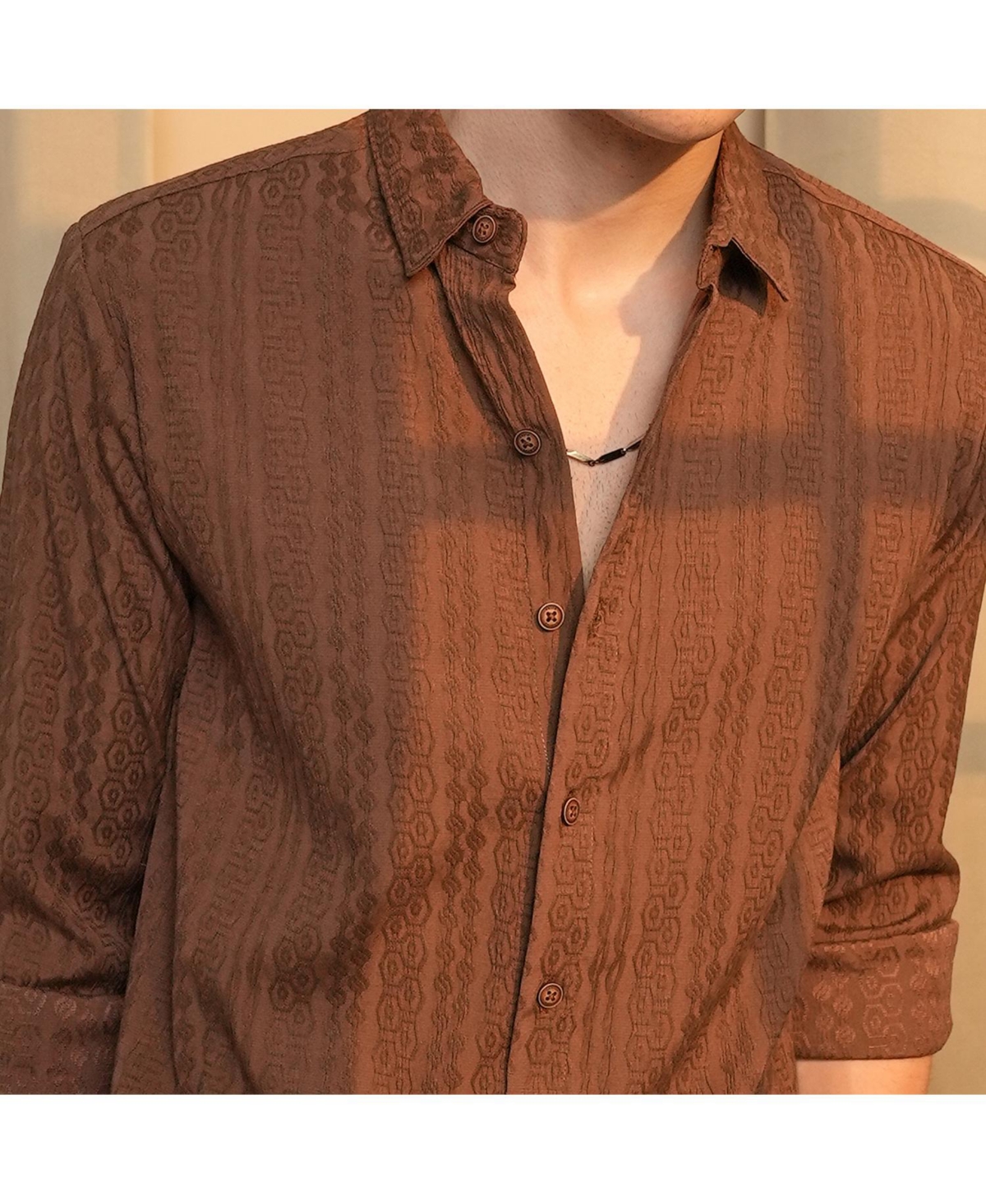 Campus Sutra Men's ChocolateGeometric-Textured Knit Shirt - Brown