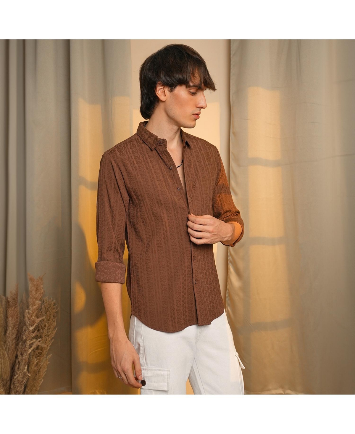 Campus Sutra Men's ChocolateGeometric-Textured Knit Shirt - Brown