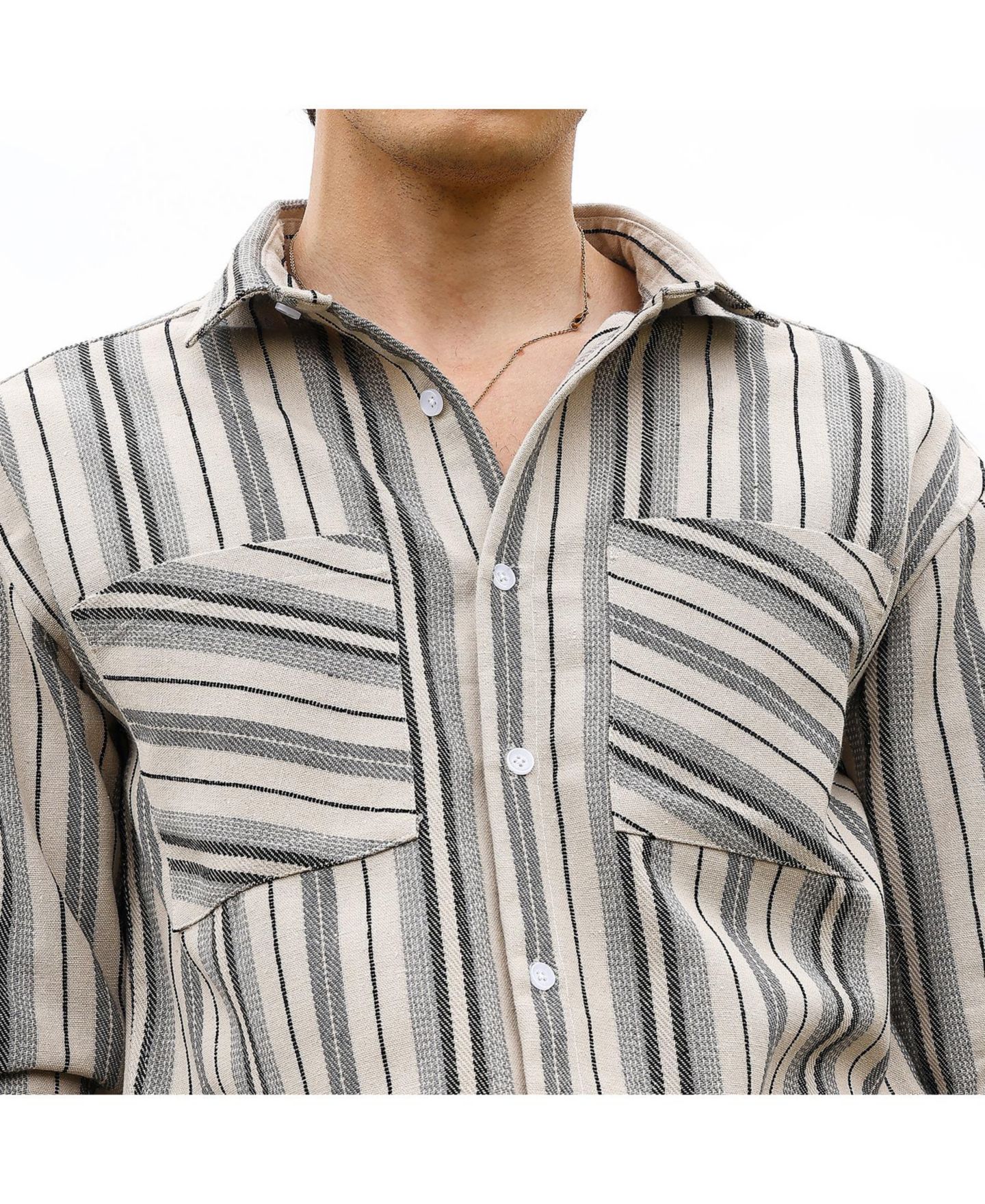 Мужская рубашка Cahoot Campus Sutra Bone Beige & Cloud Grey Multitrack Striped Oversized, цвет: Бежевый / Хаки — фото 6