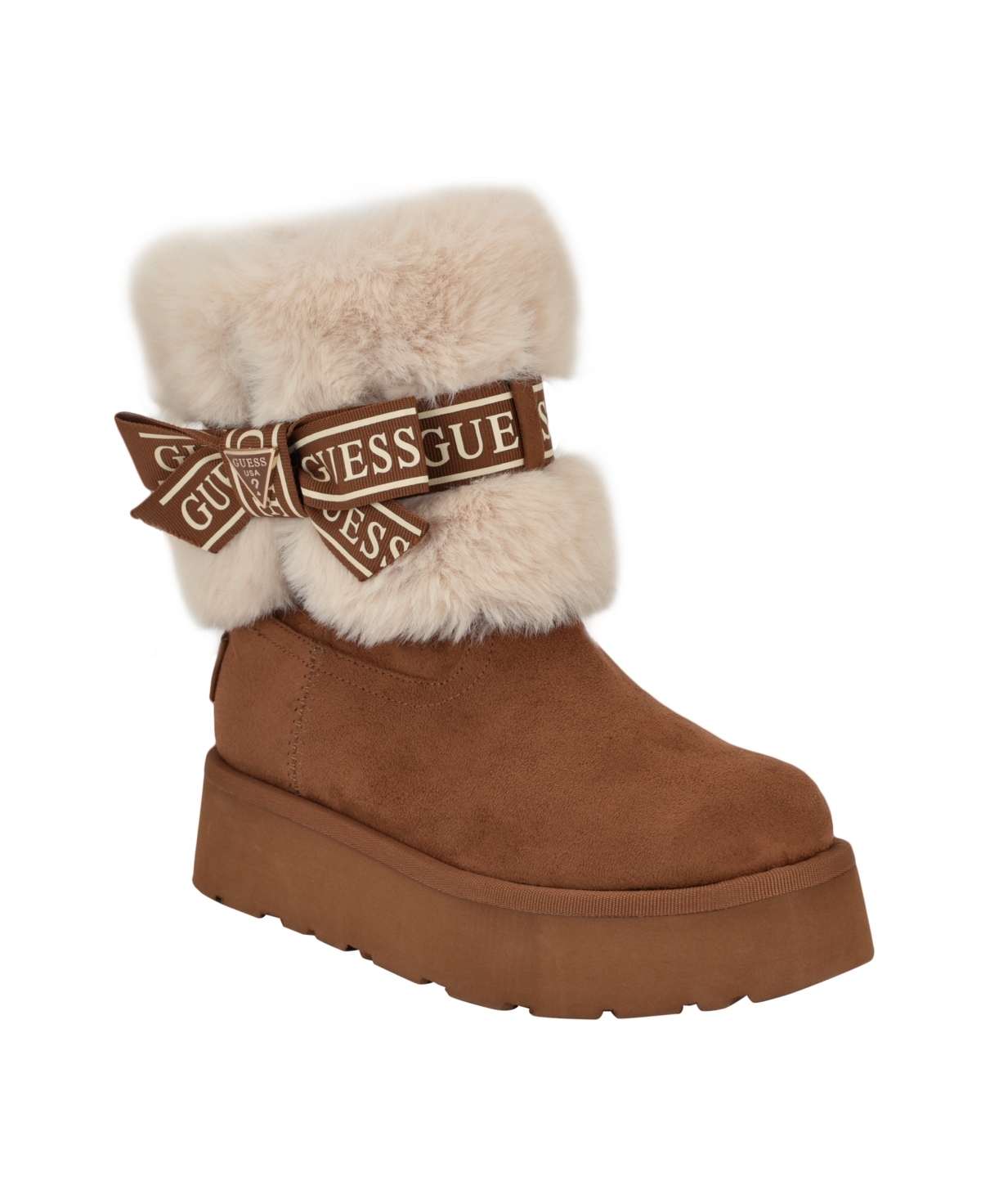 Guess Women's Denla Cold Weather Faux Fur Cozy Booties In Honey Cognac Brown