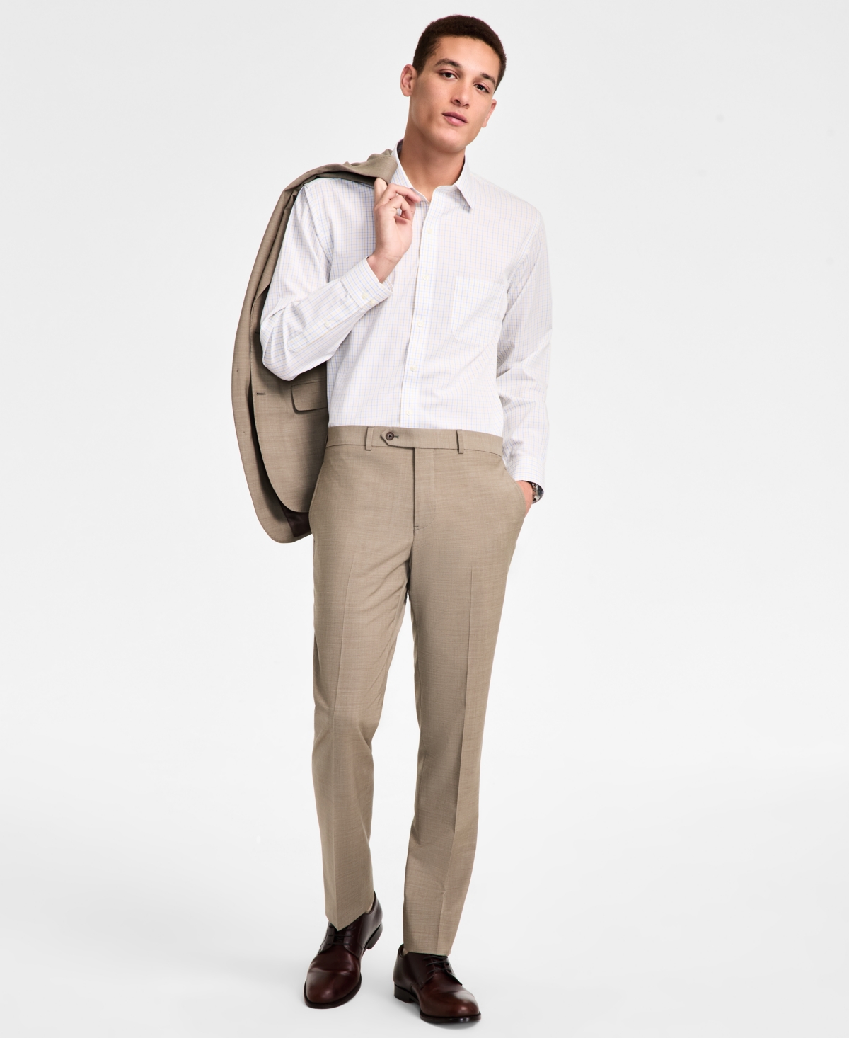 B by Brooks Brothers Men's Wool-Blend Stretch Classic-Fit Suit Separates Pant - Beige