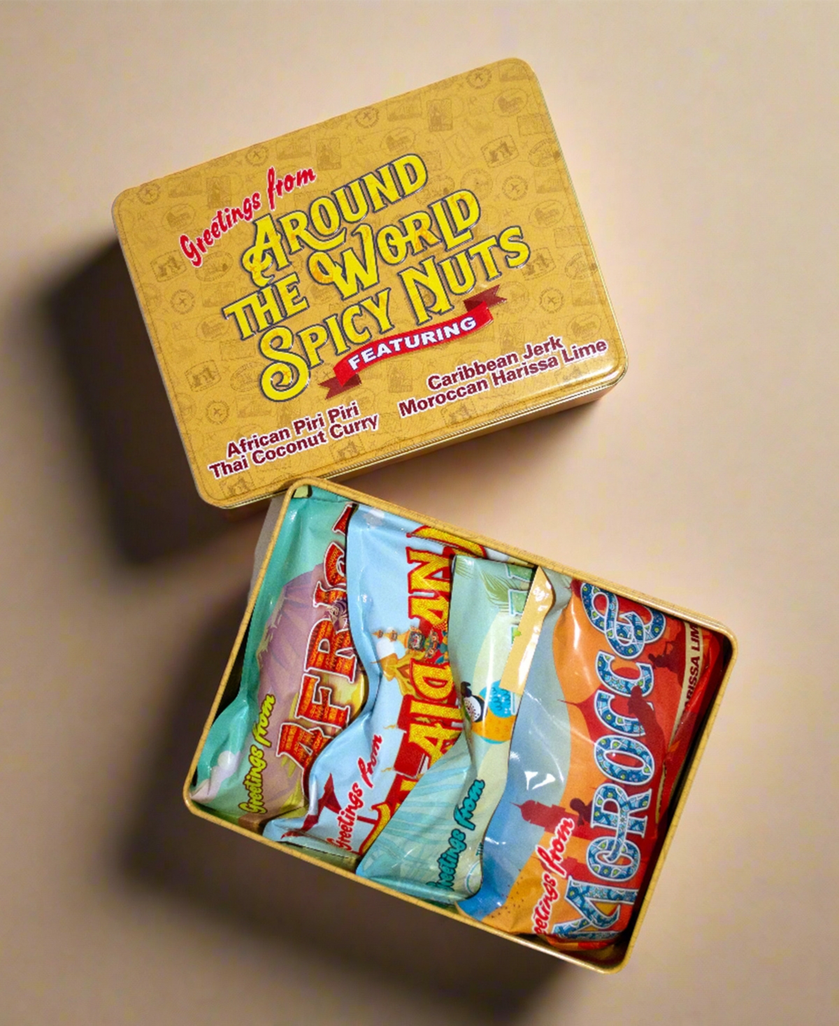 DM SNACKS AROUND THE WORLD SPICY NUTS SAMPLER TIN, 12 OZ. 