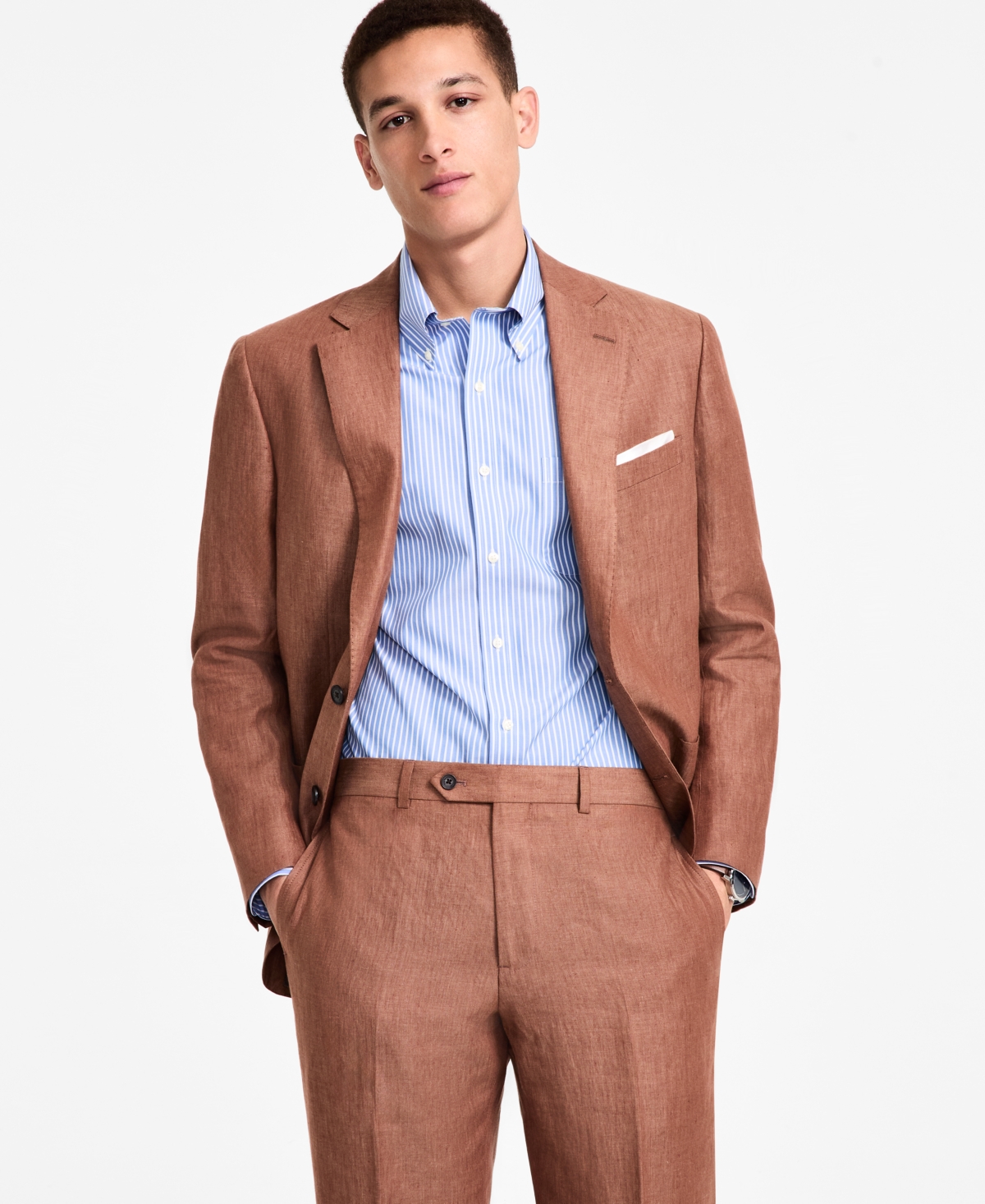 B by Brooks Brothers Men's Linen Classic-Fit Suit Separates Jacket - Brown