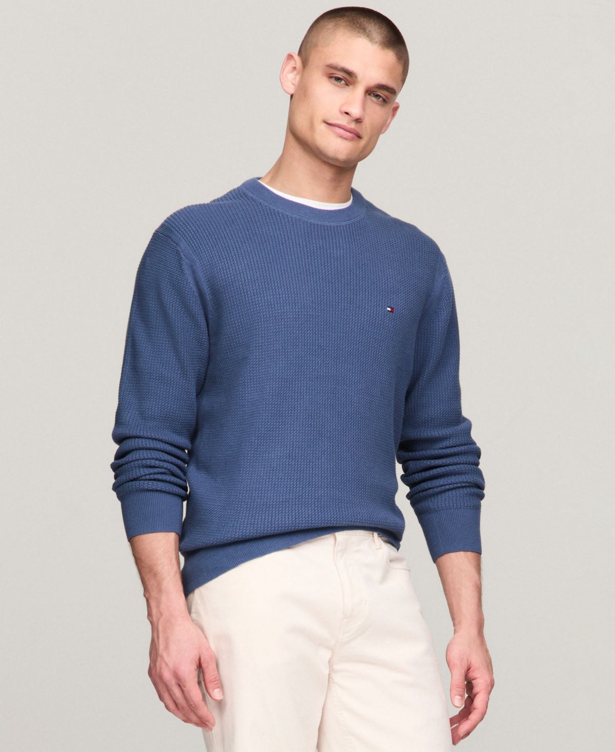 Men's Big & Tall Textured Knit Stripe Crewneck Sweater - Oatmilk Heathr/Desert Sky