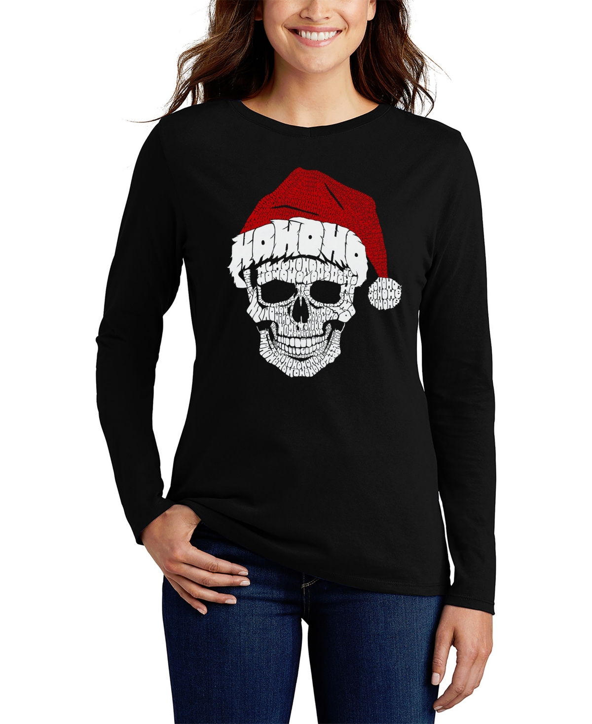 Shop La Pop Art Women's Santa Skull Word Art Long Sleeve T-shirt In Black