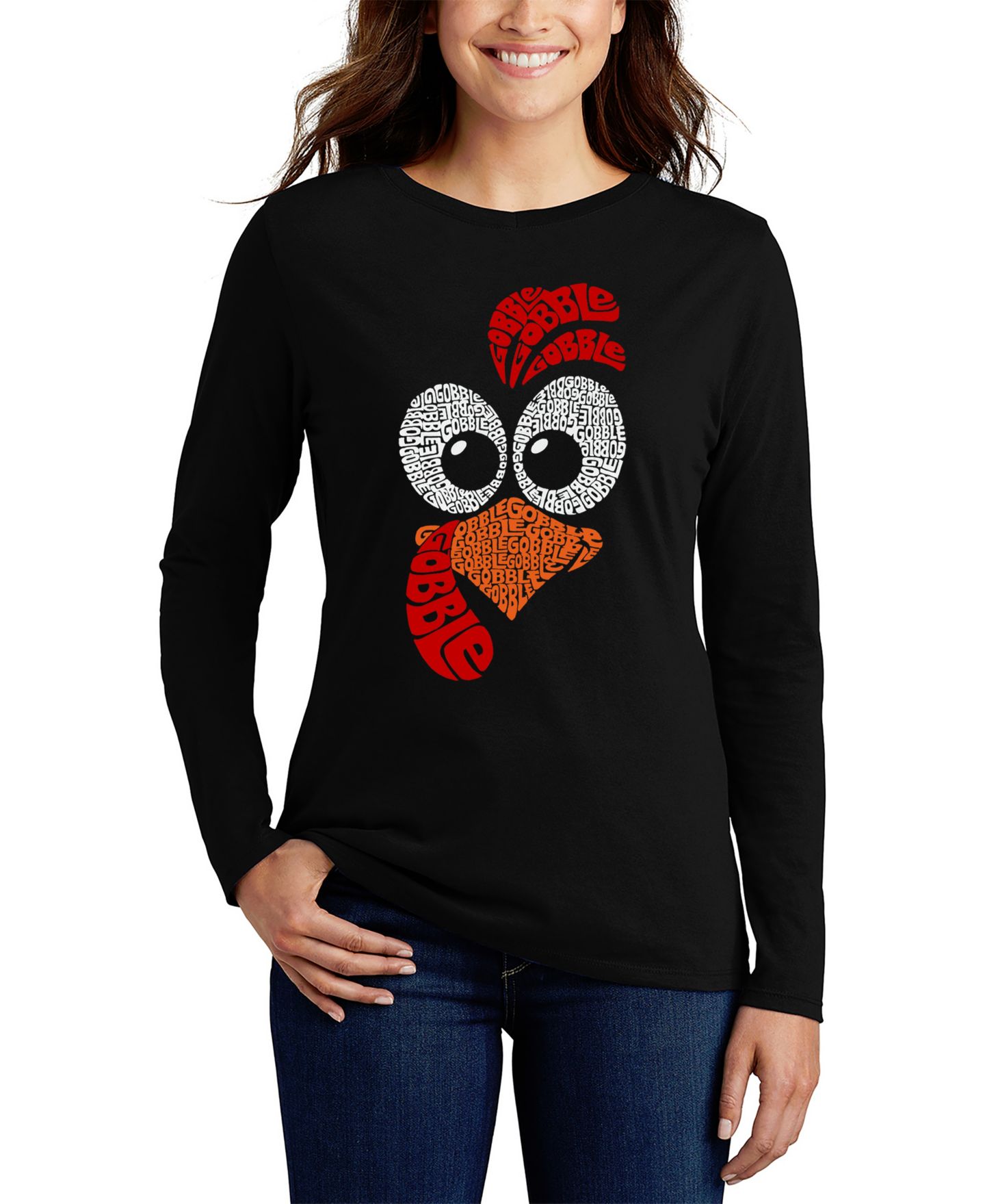 Женская футболка LA Pop Art Turkey Face Word Art Long Sleeve, цвет: Чёрный — фото 1