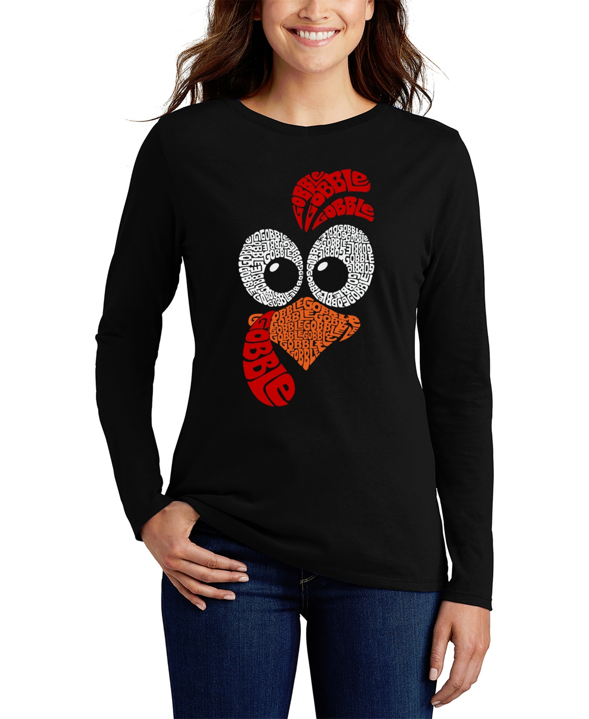 LA POP ART WOMEN'S TURKEY FACE WORD ART LONG SLEEVE T-SHIRT 