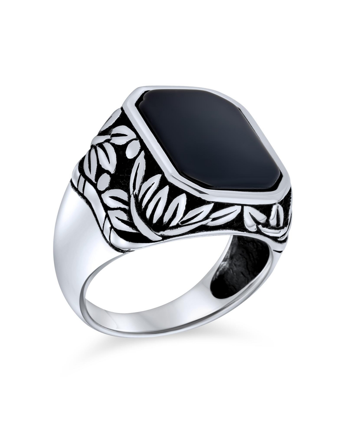 Leaf Vine Accent Black Onyx Octagon Rectangle Signet Ring Heavy Oxidized .925 Sterling Silver - Black