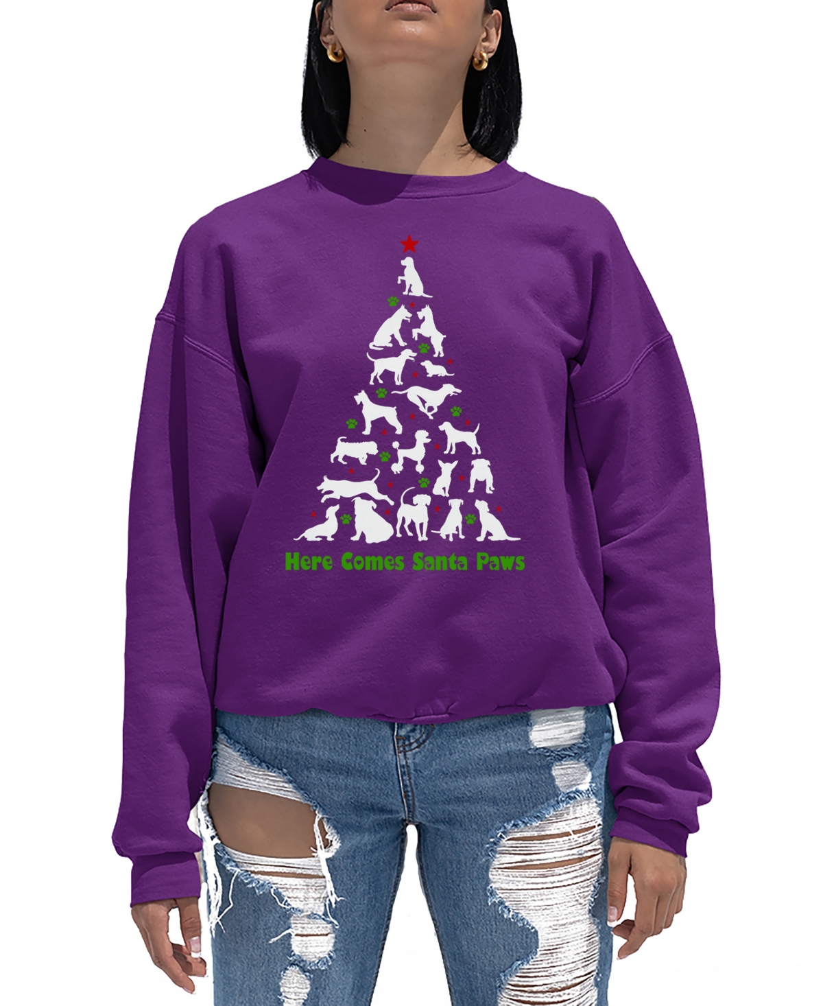LA POP ART WOMEN'S HERE COMES SANTA PAWS WORD ART CREWNECK SWEATSHIRT 