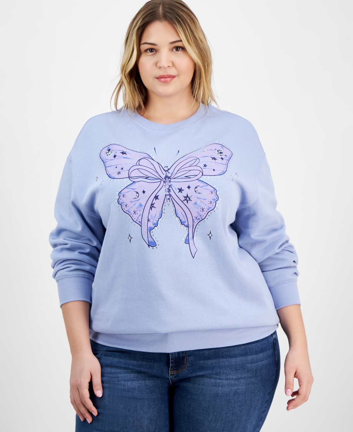 Rebellious One Trendy Plus Size Beaded Butterfly Sweatshirt In Frozen Peri