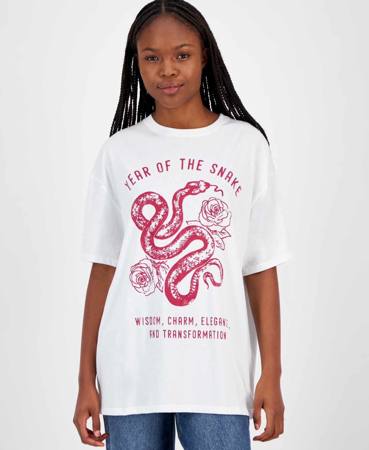 Grayson Threads, The Label Juniors' Rose & Snake Lunar New Year Graphic T-shirt In White
