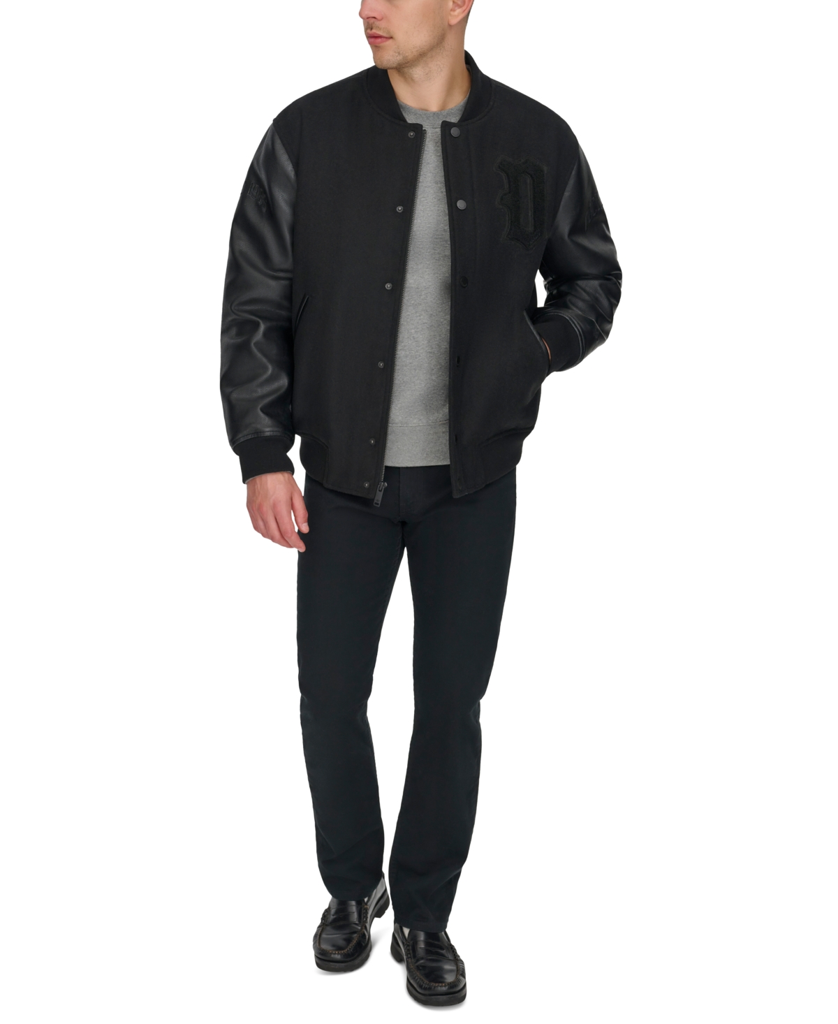 Dockers Men's Mixed-media Varsity D Bomber Jacket In Black