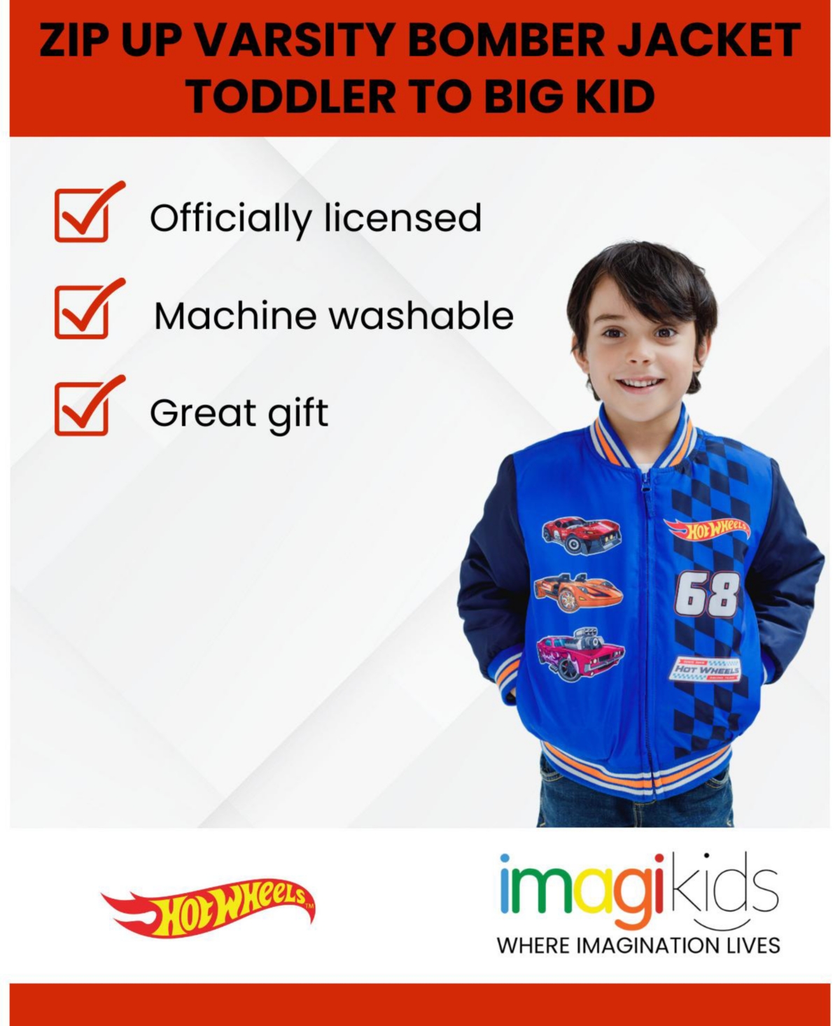 Hot Wheels Toddler Boys Zip Up Varsity Bomber Jacket to (3T - 10-12) -/ navy