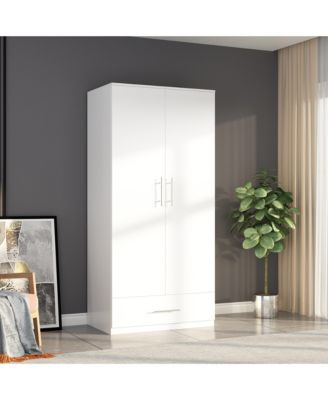 White 2-Door Wardrobe Armoire with 1-Drawers and Hanging Rod
