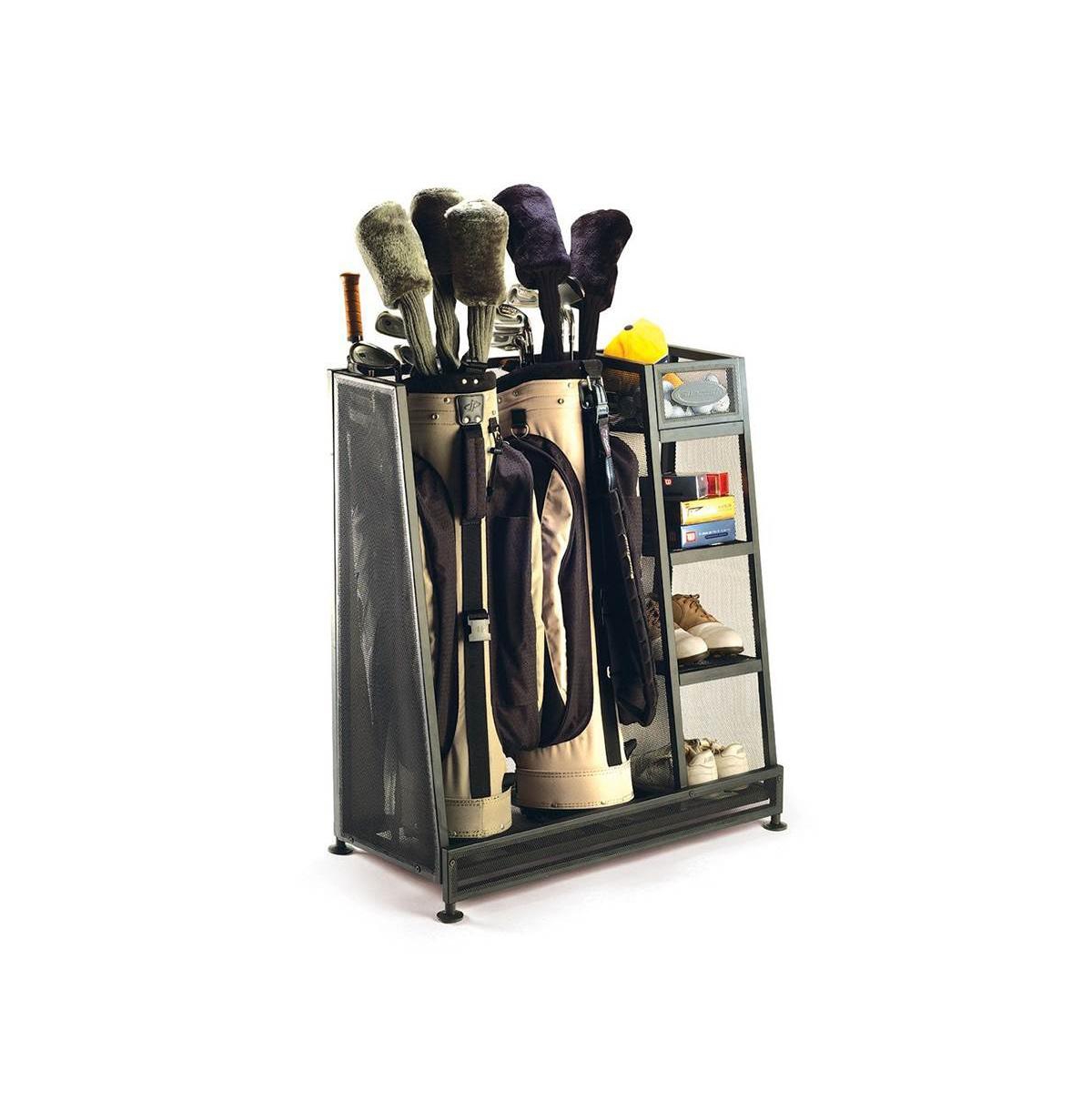 Metal Complete Golf Bag Organizer for Garage w/ Shelves & Bin (2 Pack) - Black