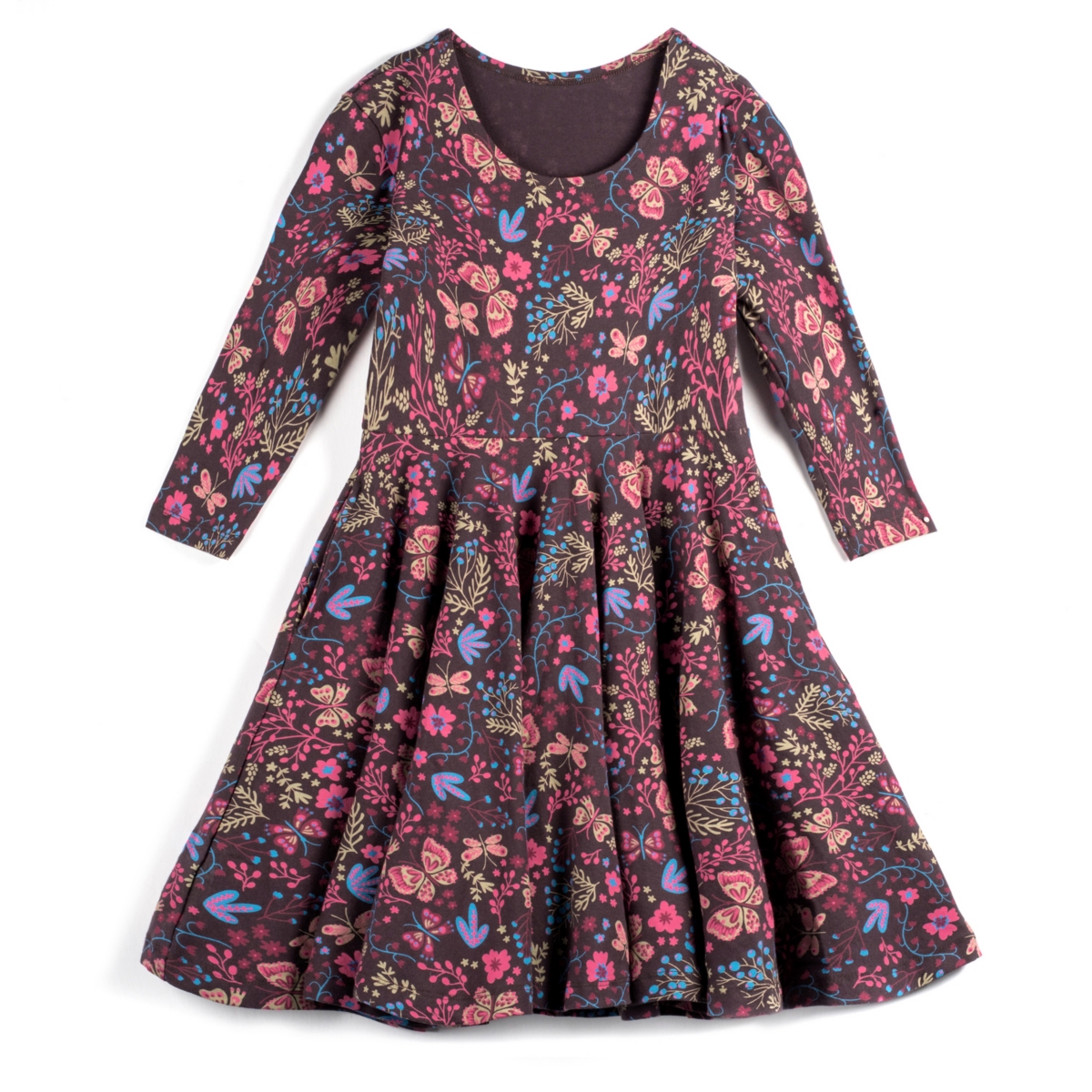Mightly Toddler Girls Fair Trade Organic Cotton Print 3/4 Sleeve Twirl Dress