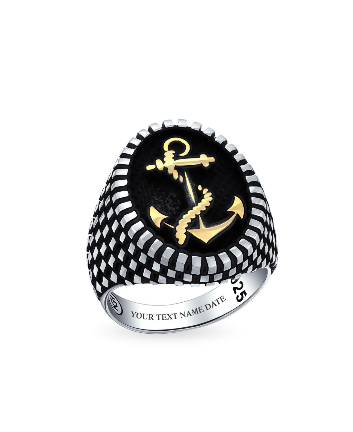 Bling Jewelry Large Rope Anchor Signet Ring Checker Board Black .925 Silver - Black gold-tone