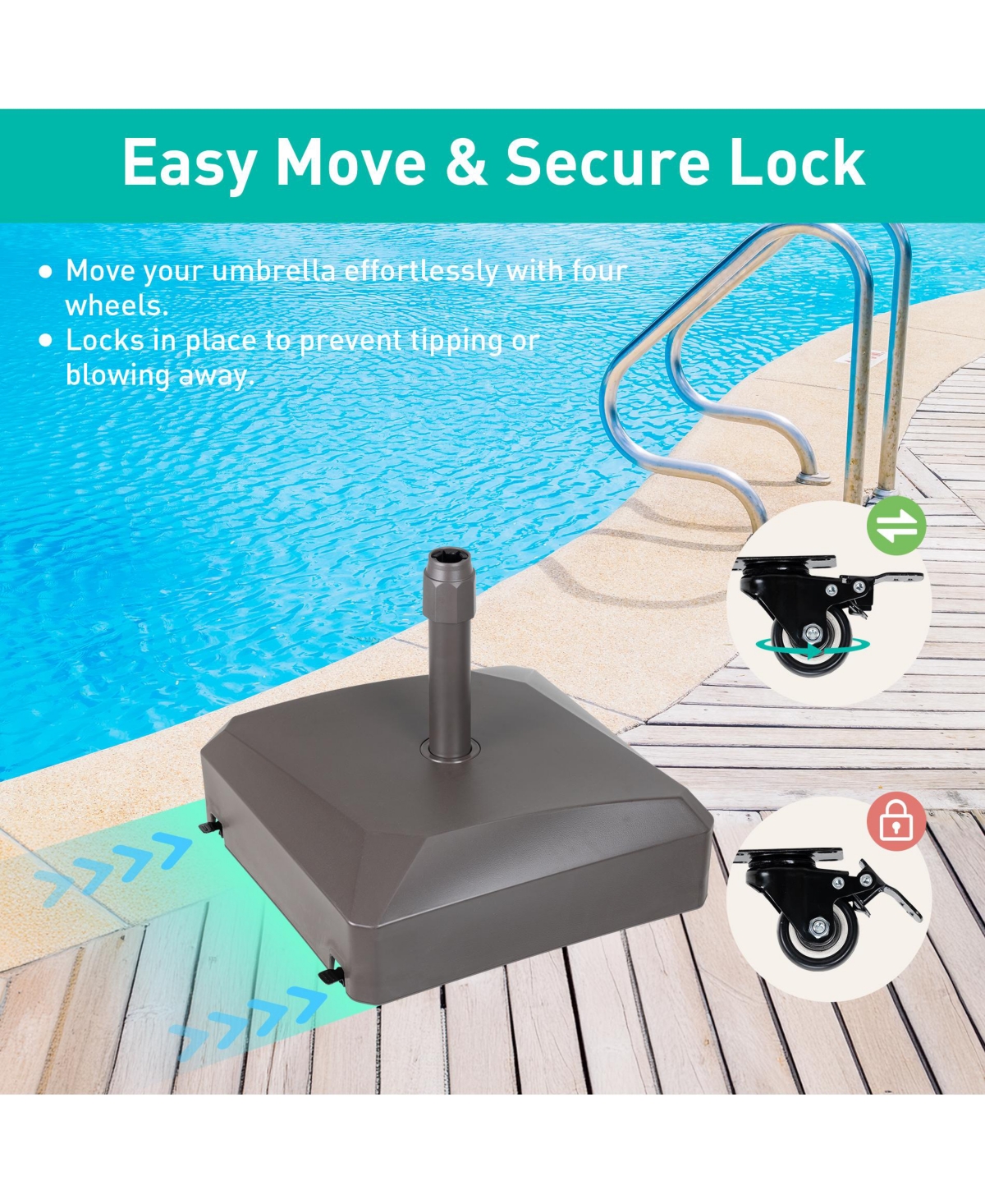 Aoodor Patio Umbrella Base With Wheels, Heavy Duty Fillable Market Umbrella Stand For Patios, Poolside, Garden With 4 Wheels, 2 Locks And Adjustable K
