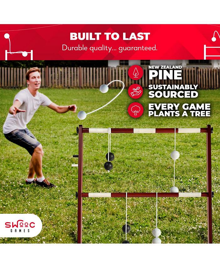 SWOOC Wooden Ladder Ball Game Set (Weather Resistant) - With 10 Games & Carrying Case - Easy, No Tool Asssembly - Yard Games - Brown - Medium