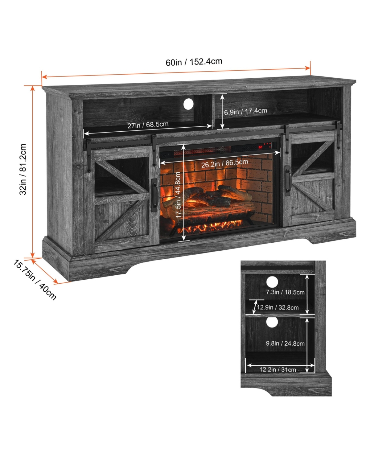 Mondawe Electric Fireplace Entertainment Center With Door Sensor-Dark Rustic Oak