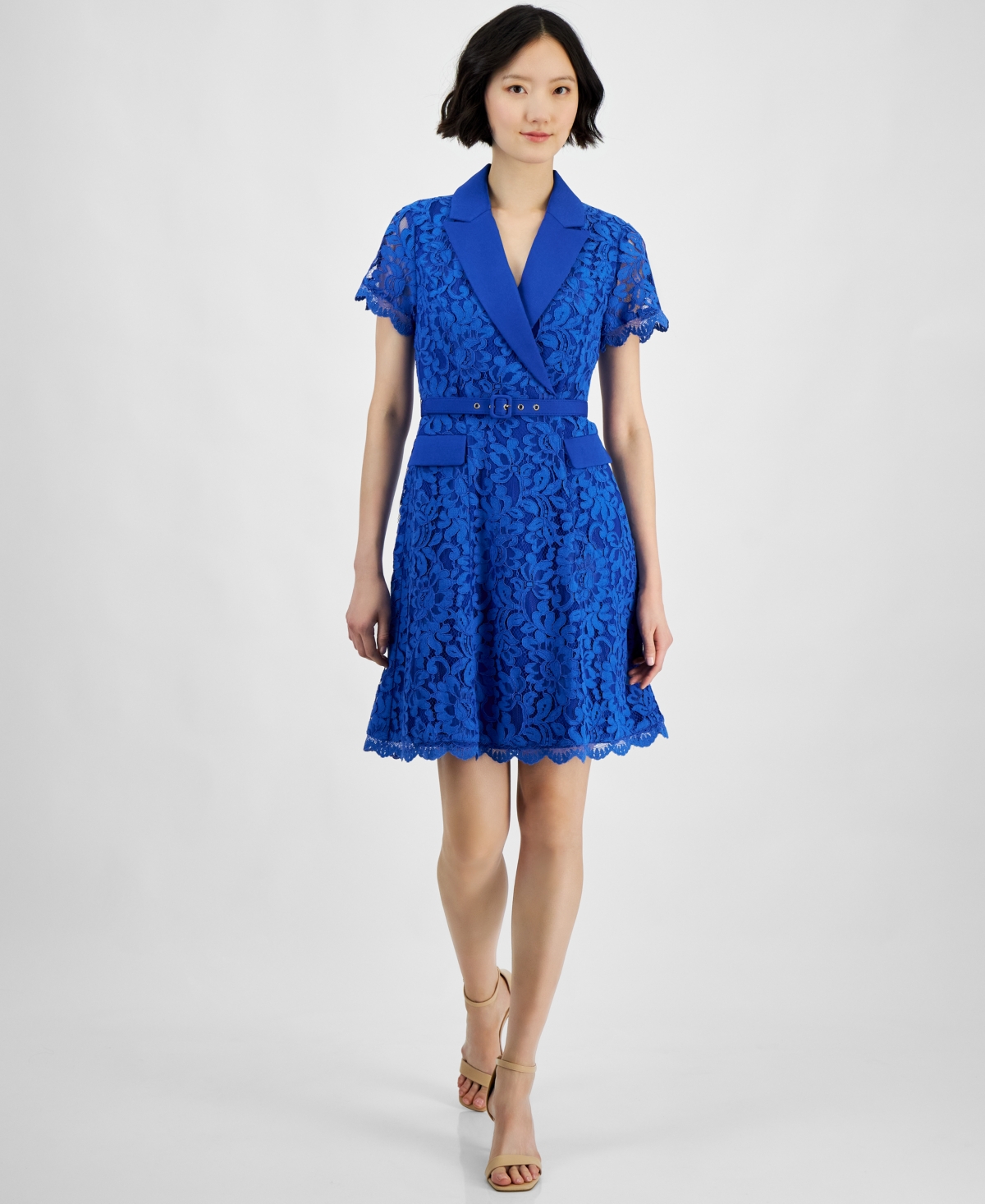 Tahari Petite Notch-lapel Belted A-line Lace Dress In Cobalt