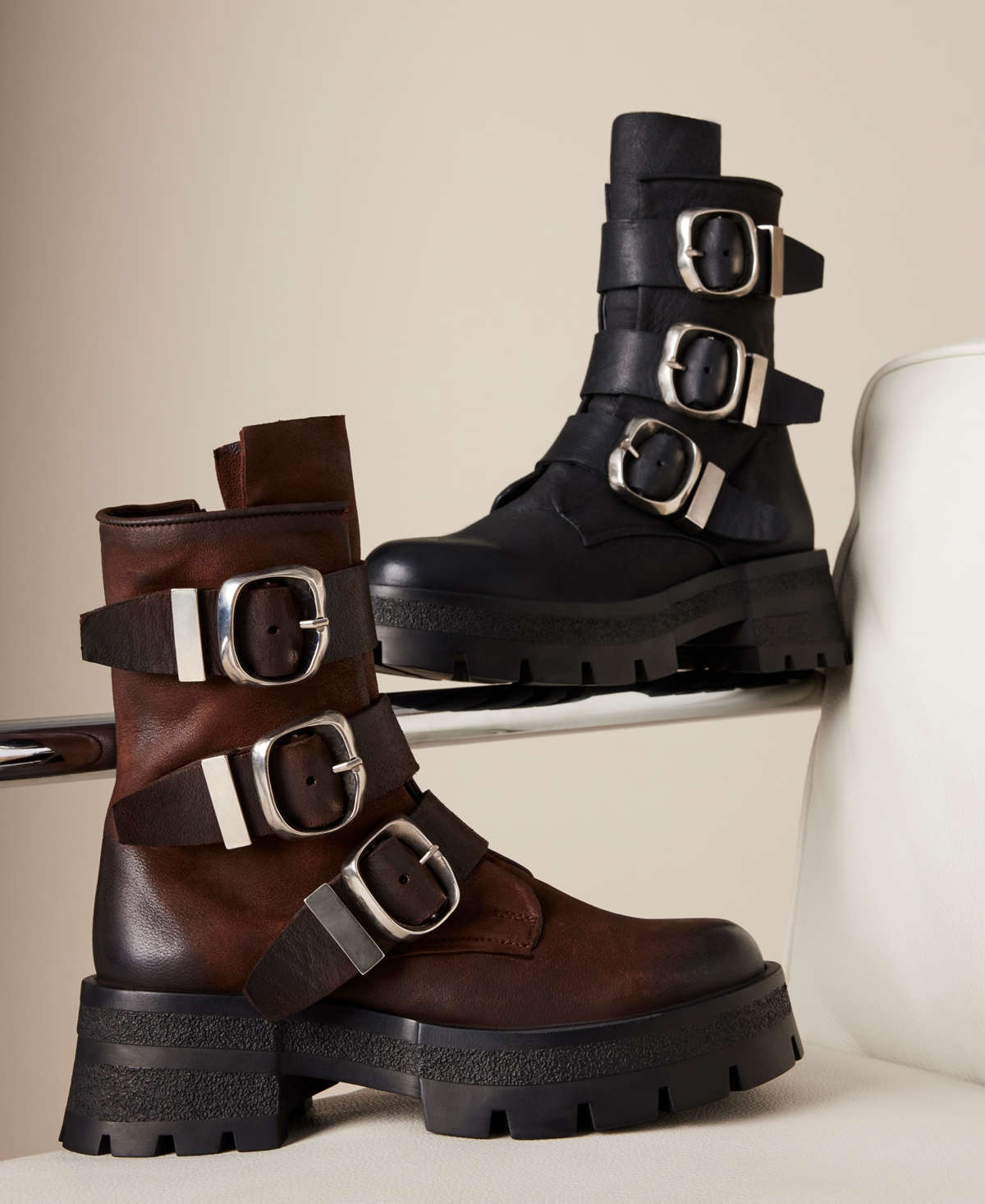 Steve Madden Women's Roland Buckled Moto Platform Lug-Sole Combat Boots