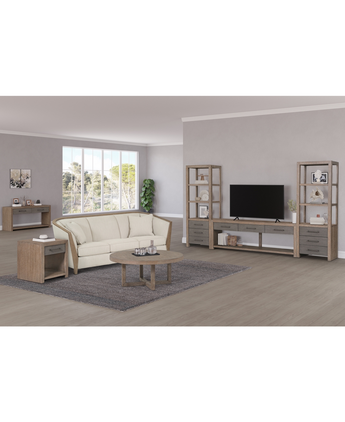 Macy's Portmore 60" Wood 3pc Tv Console Set (60" Console, 2 Piers) In Two-tone Brown Finish