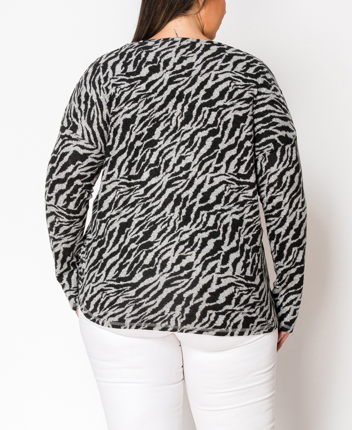 Coin 1804 Plus Size Zebra Print Cozy V-Neck Dolman Sleeve Top