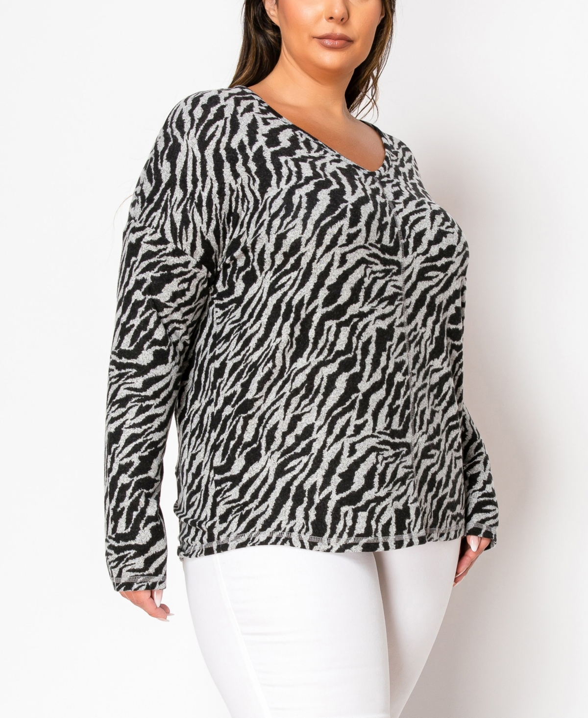 Coin 1804 Plus Size Zebra Print Cozy V-Neck Dolman Sleeve Top