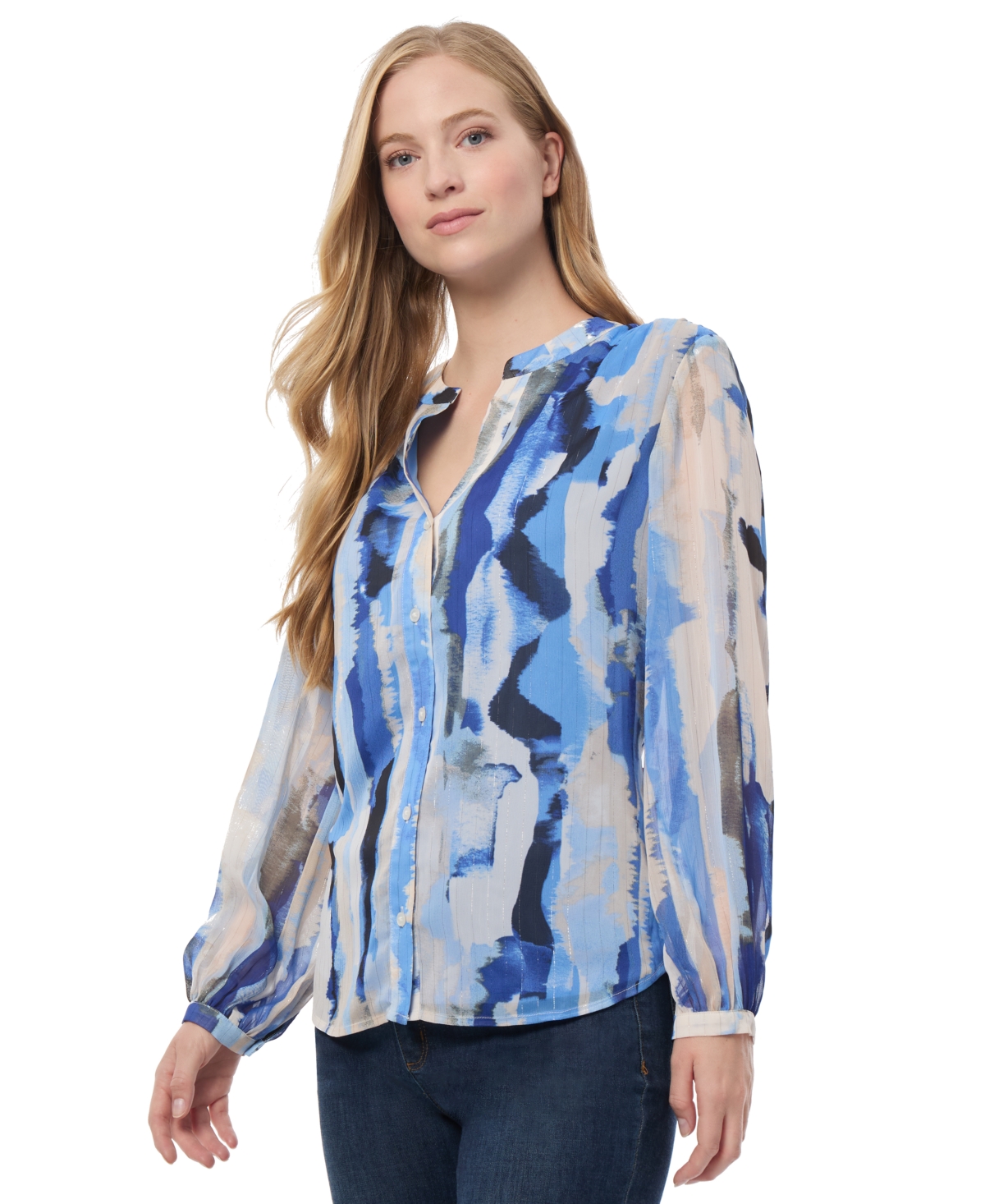 Jones New York Women's Printed Long Raglan Sleeve Peasant Blouse