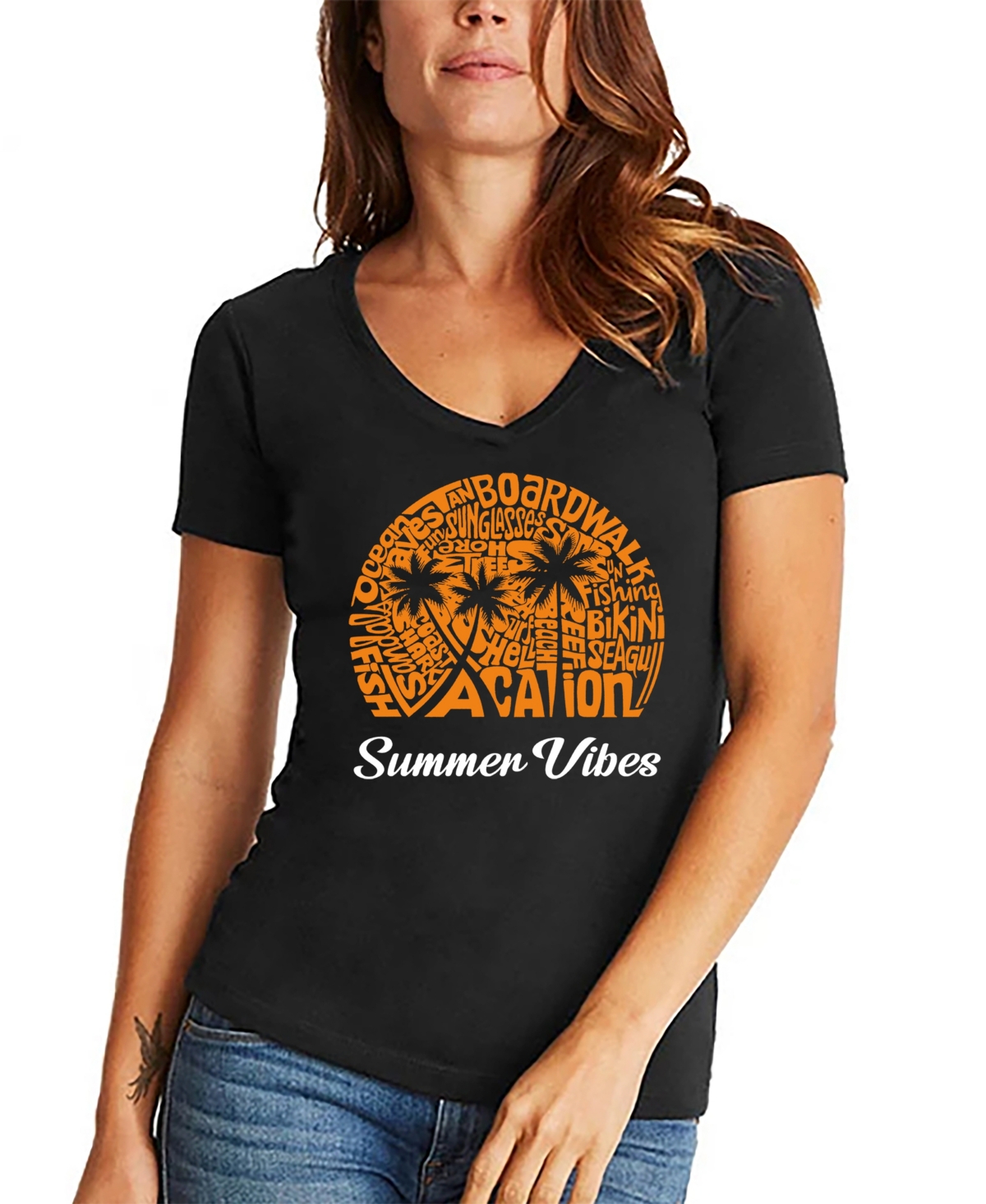 Shop La Pop Art Women's Summer Vibes Word Art V-neck T-shirt In Black