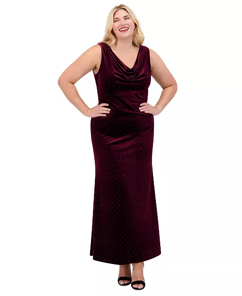 plus size embellished velvet cowlneck gown