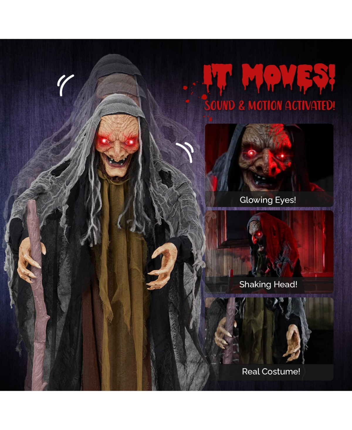 Yescom Animated Halloween Scary Witch 5.3FT Standing Crutch,Sound Activated Led Eyes,Party Decoration 2024