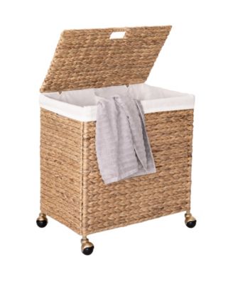 Natural Handwoven Lidded Laundry Hamper with Gold Sphere Casters