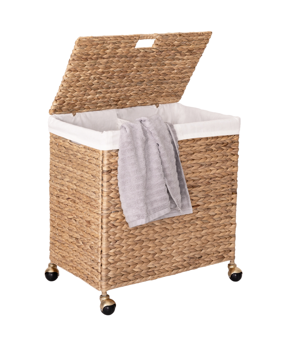 Seville Classics Double Handwoven Lidded Rolling Laundry Hamper With Gold Sphere Casters In Natural