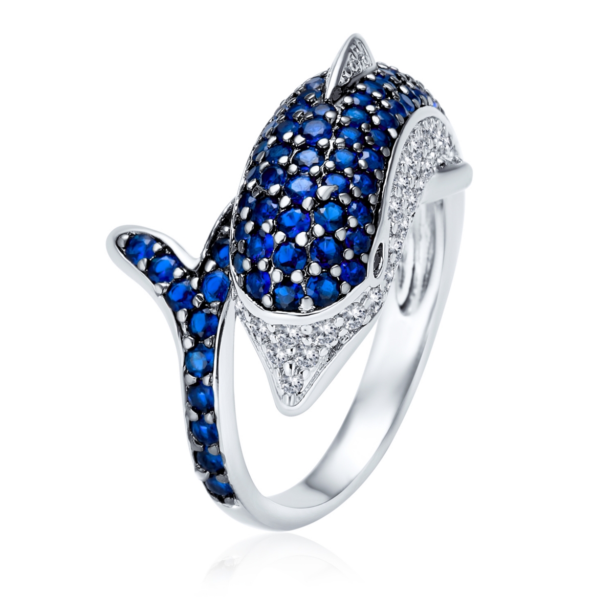 Bling Jewelry Pave Navy Blue Cubic Zirconia Bypass Dolphin Band Ring Black Silver Plated Brass