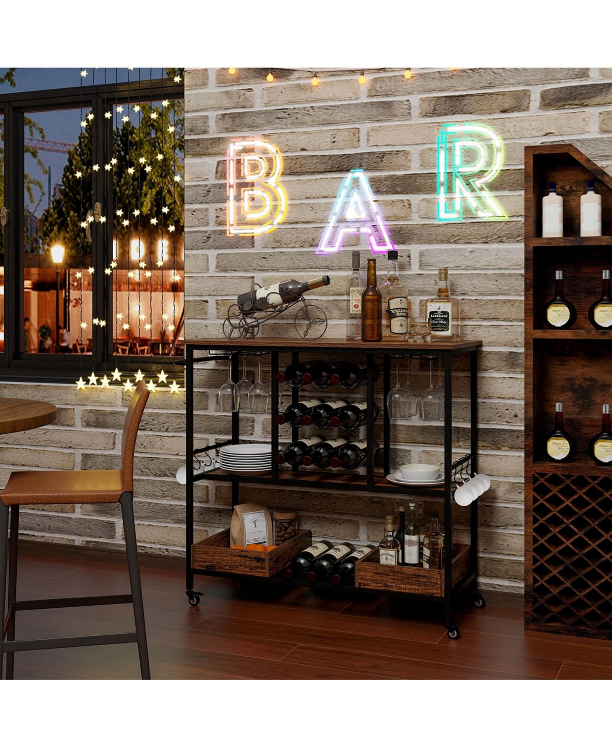 Costway 3 Tiers Bar Cart Home Serving Cart on Wheels with Glass Racks Wine Holders