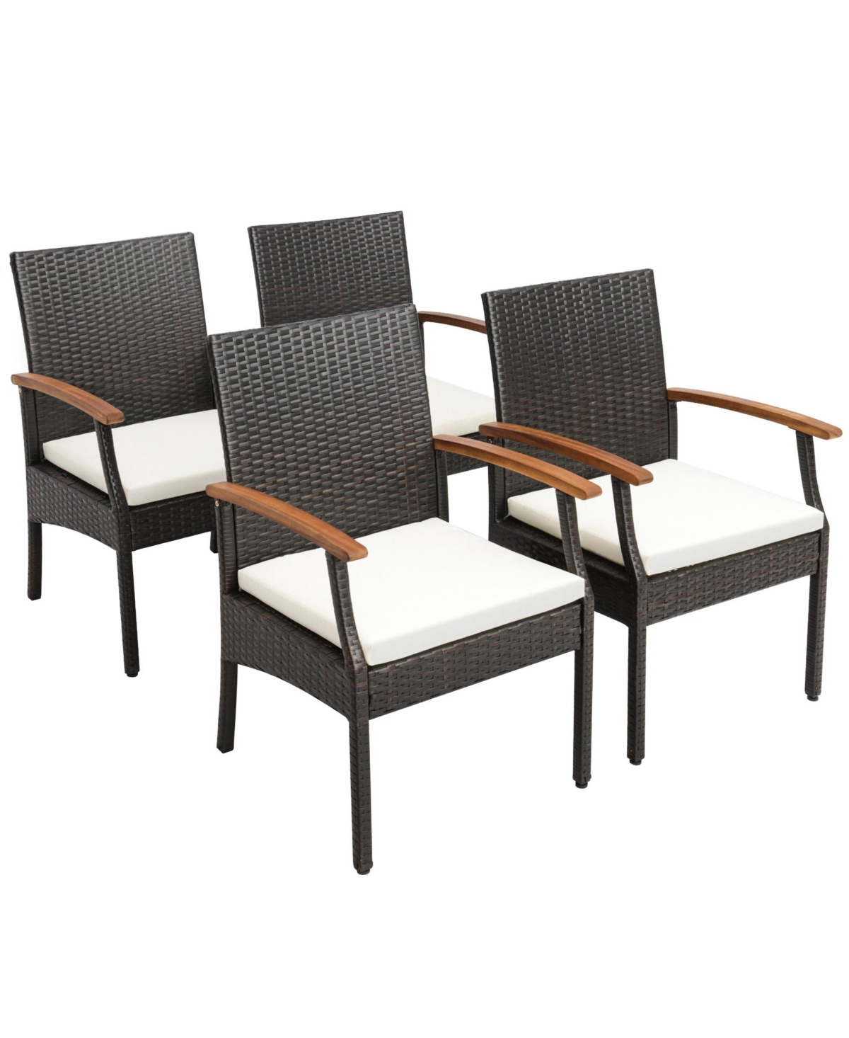 4PCS Patio Pe Wicker Chairs Acacia Wood Armrests with Soft Zippered Cushion Balcony - White
