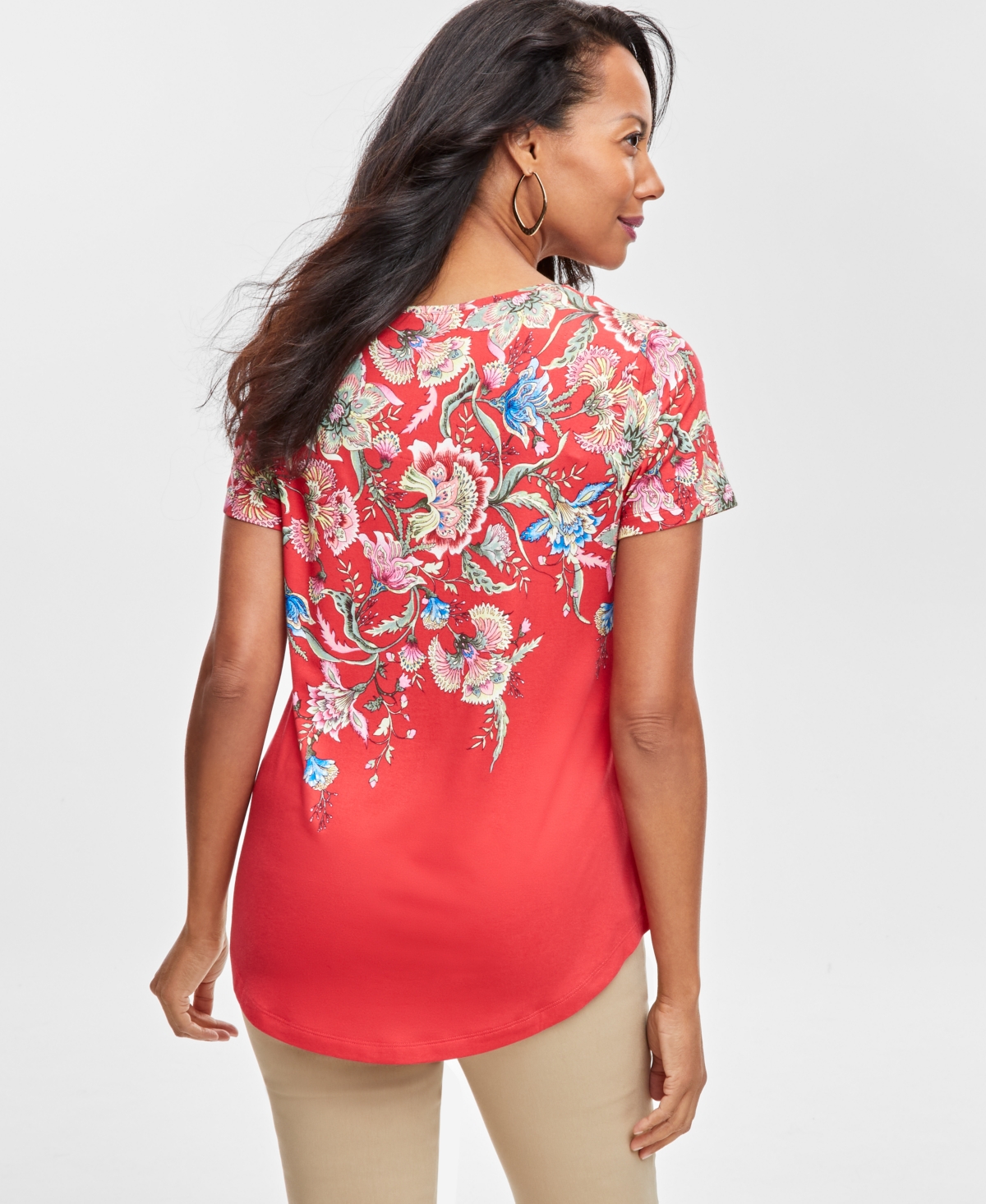 Jm Collection Plus Size Mariah Floral-print Top, Created For Macy's In Tomato Puree Combo